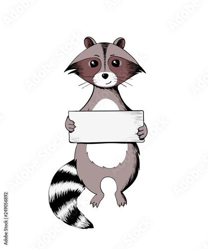 Raccoon holding a sign. Wildlife animal. Illustration with place for text