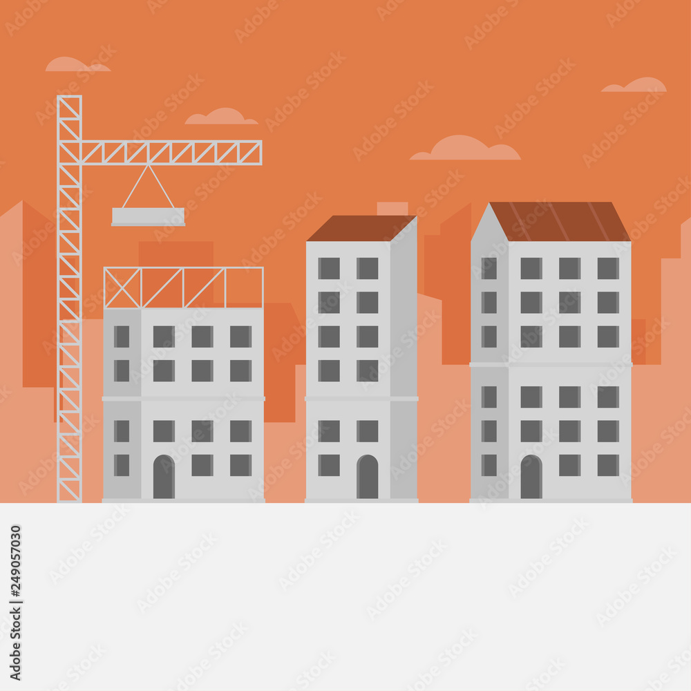Construction skyline background. Concept modern city construction buildings. Vector illustration of construction site with cranes and skyscraper.