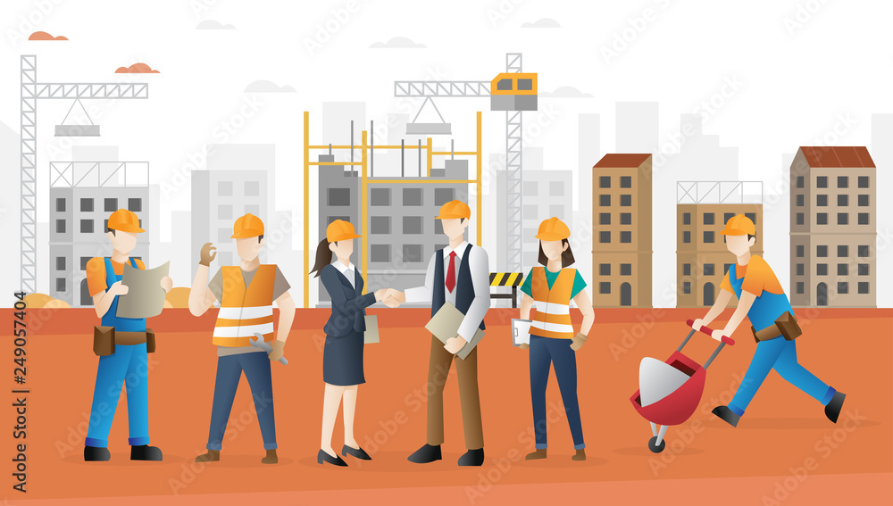 Vetor de Construction worker team. Construction workers crew. Cool
