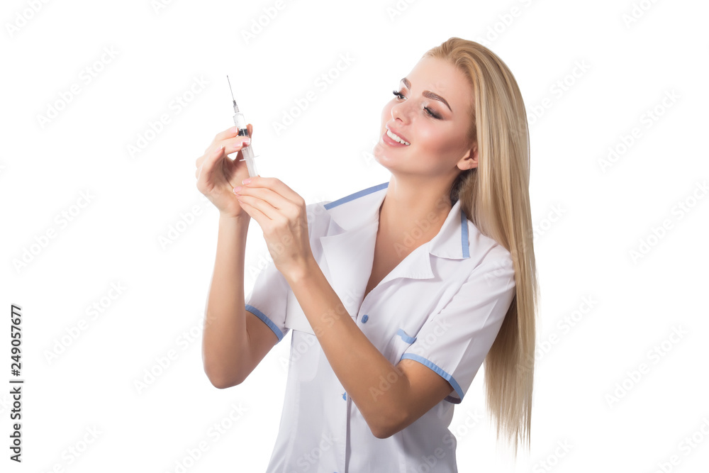 Young blond doctor woman with syringe