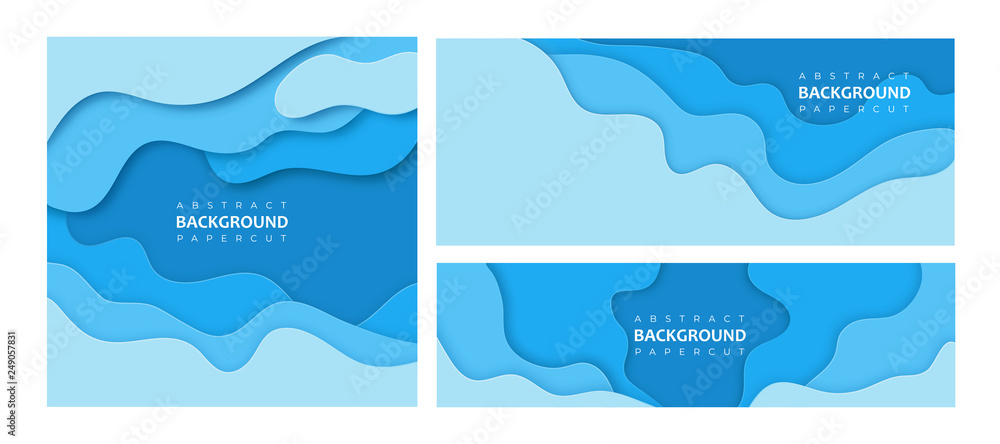 Abstract light blue papercut template for banners, flyers, backgrounds. Pastel illustration for web and printing.