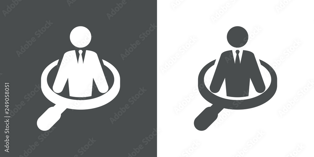 Icono plano hombre de negocios dentro de lupa en gris y blanco Icono plano hombre de negocios dentro de lupa en gris y blanco