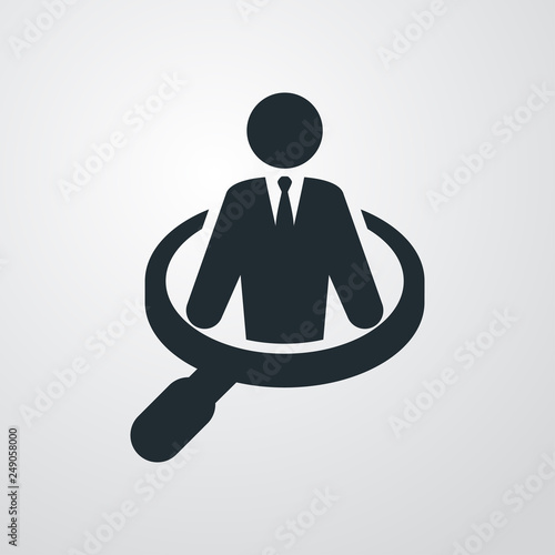 Icono plano hombre de negocios dentro de lupa en fondo gris