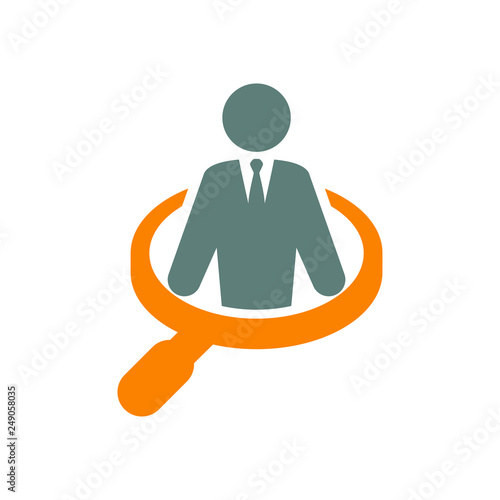 Icono plano hombre de negocios dentro de lupa en gris y naranja