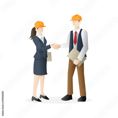 Construction firm. Successful partnership in construction business. A woman shaking hands with a architect, builder, contractor - Vector