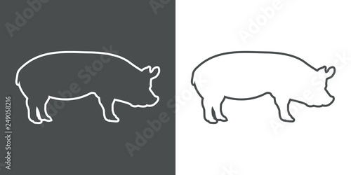  Icono plano lineal silueta de cerdo en gris y blanco