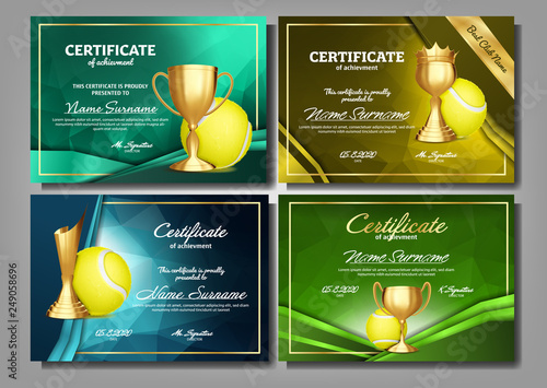 Tennis Game Certificate Diploma With Golden Cup Set Vector. Sport Award Template. Achievement Design. Honor Background. Elegant Document. Champion. Best Prize. Winner Trophy. Template Illustration