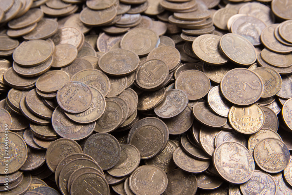 USSR old golden dirty coins background USSR old golden dirty coins background