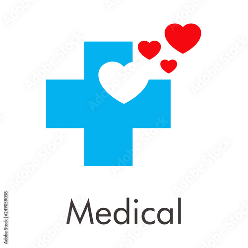 Logotipo abstracto con texto Medical con cruz color azul con corazón en espacio negativo y 3 corazones en color rojo
