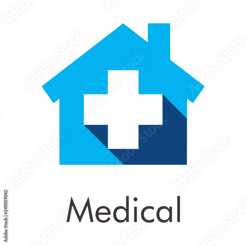 Logotipo abstracto con texto Medical con cruz color blanco con sombra en casa color azul