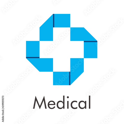 Logotipo abstracto con texto Medical con cruz en espacio negativo con papel estilo origami en color azul con sombra