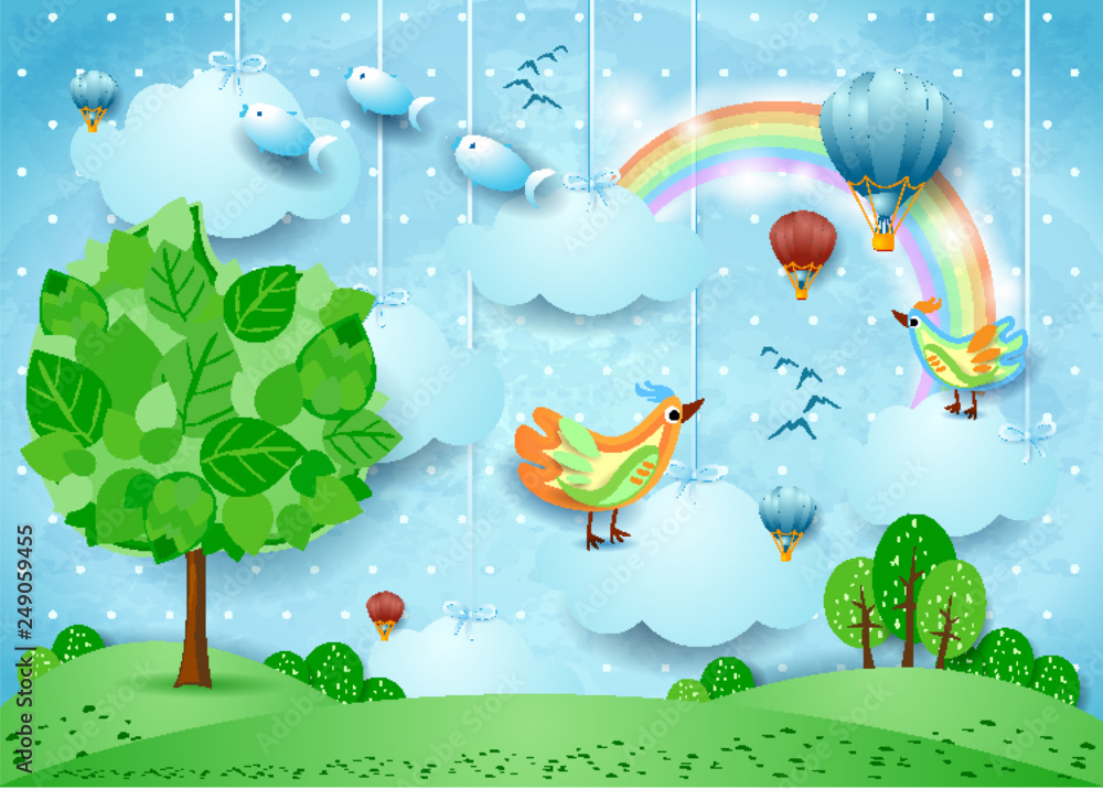 Surreal landscape with big tree, balloons, birds and flying fisches - obrazy, fototapety, plakaty 