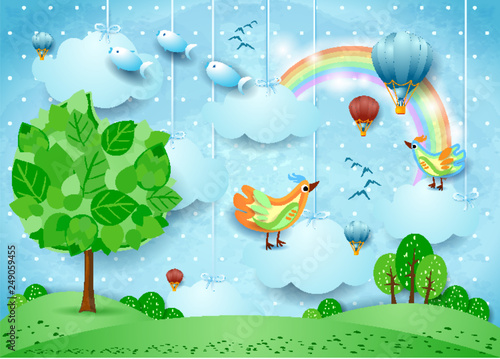 Surreal landscape with big tree, balloons, birds and flying fisches