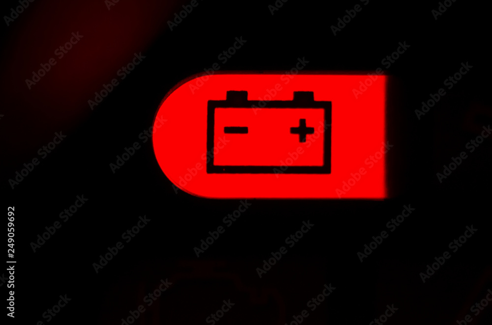 Screen Symbols Battery Warning Light In Car Dashboard Close Up Stock