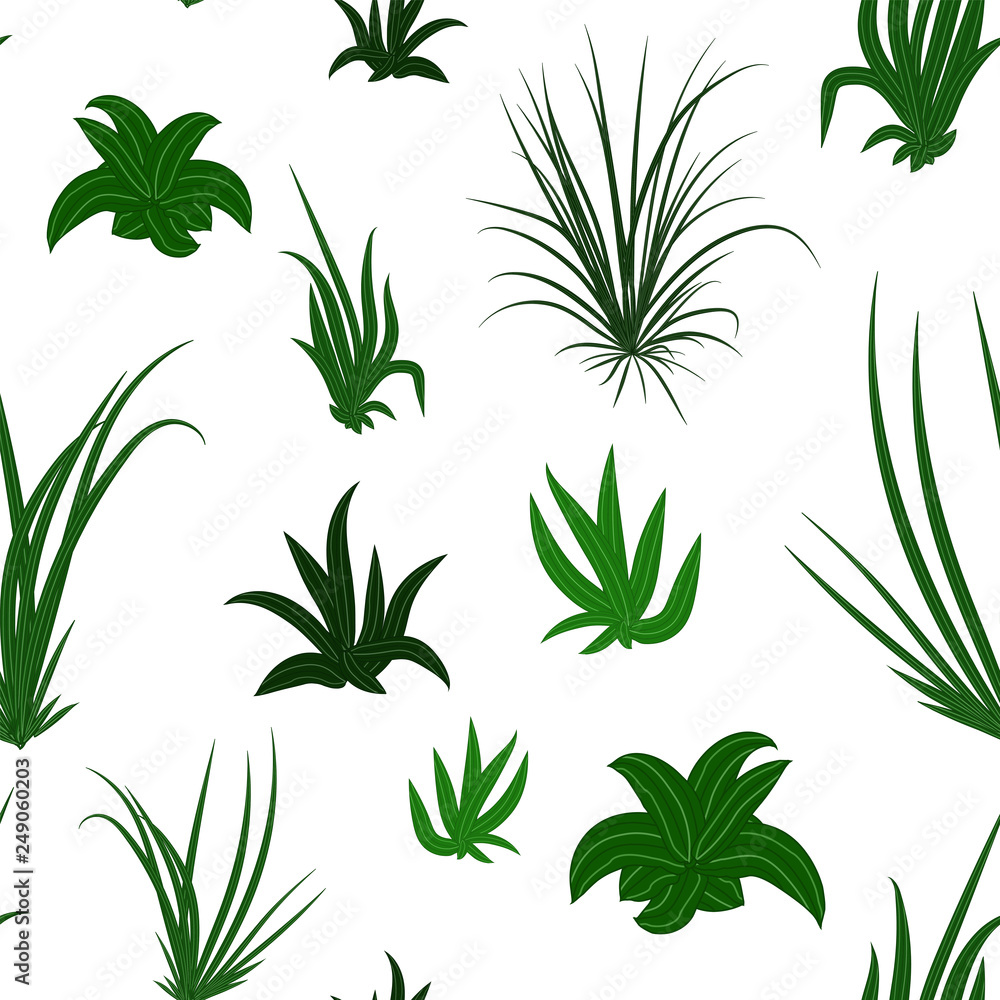 Seamless pattern with green grass. Vector image of bunches of grass with long leaves. Background or texture for fabric, clothing. Floral ornament. Seamless pattern with green grass. Vector image of bunches of grass with long leaves. Background or texture for fabric, clothing. Floral ornament.