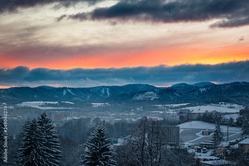 Beautiful colorful sunset over Banska Bystrica, Slovakia.