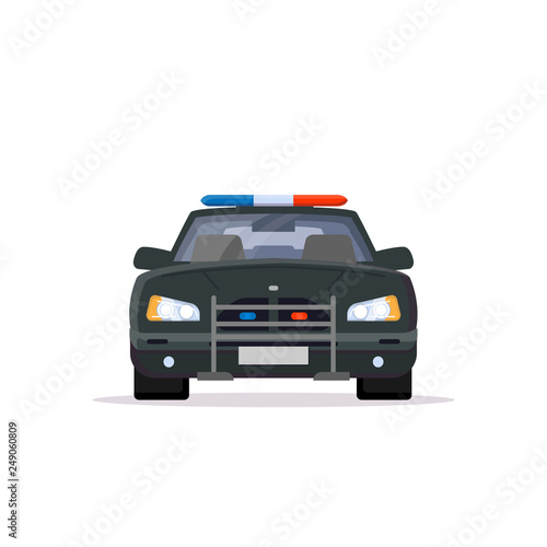 Front view of black police car with lights. Flat style vector illustration. Vehicle and transport banner. Modern patrol american car. 