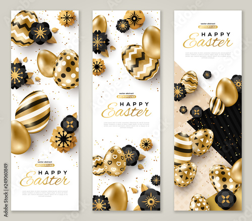 Easter banners with gold ornate eggs