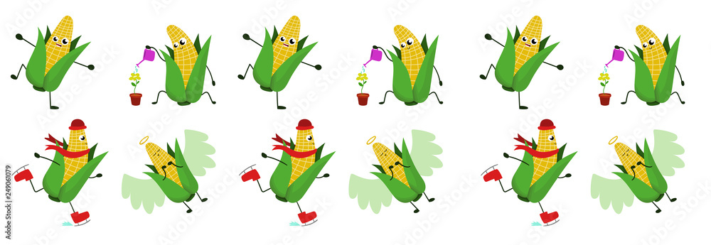 Obraz premium Funny happy fresh corn vegetables drawing illustration isolated.