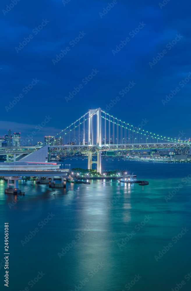 Circular highway leading to the illuminated Rainbow Bridge with cruise ships moored in Odaiba Bay of Tokyo.