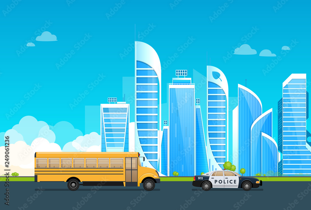 Eco-friendly, city of future, with public transport, police car, bus