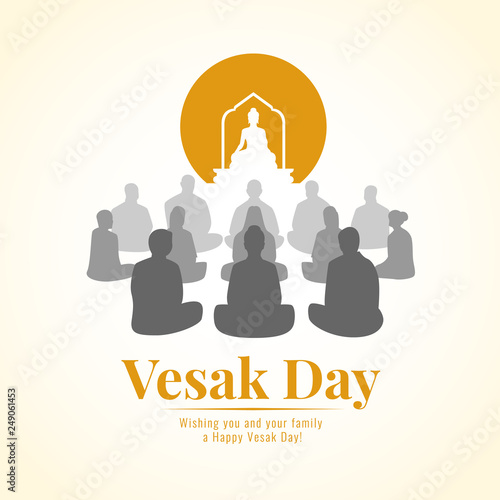 Vesak day banner with Group of Buddhists are Meditation and Buddh statue sign vector design