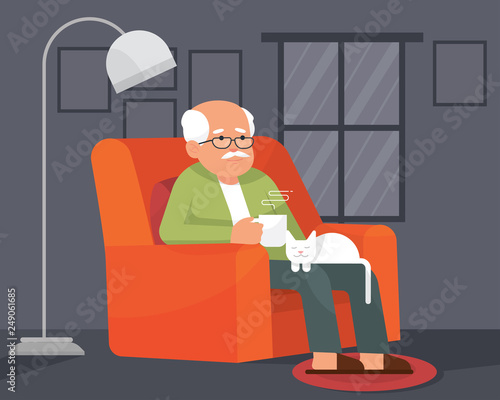 a lonely grandpa/grandfather or oldman sitting on a couch holding a mug with hot coffee and a white cat sitting on his lap - Vector