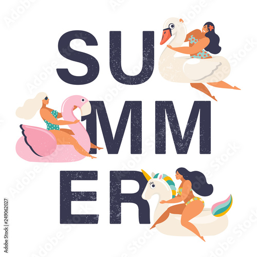 Summer time illustration card with pin up girl swimming on animal float circle in ocean waves with calligraphy. Summer party.
