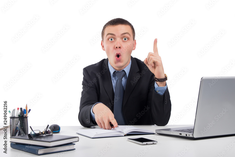 Business man at office holding finger up: idea or warning Business man at office holding finger up: idea or warning