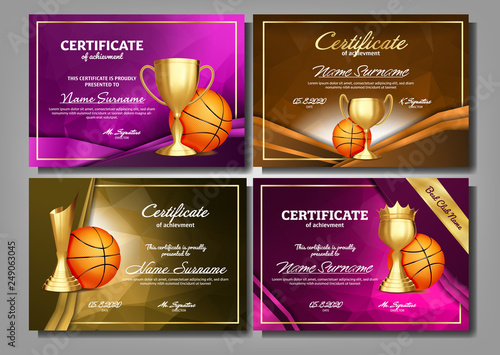 Basketball Game Certificate Diploma Golden Cup Set Vector. Sport Award Template. Achievement Design. Honor Background. A4 Horizontal. Champion. Best Prize. Winner Trophy. Template Illustration