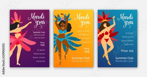 Mardi Gras poster or flyer templates with women dancers wearing carnival cost...