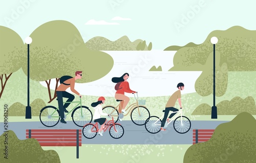 Happy family riding bicycles. Joyful mother, father, daughter and son on bikes at park. Parents and kids cycling together. Recreational outdoor activity. Vector illustration in flat cartoon style.