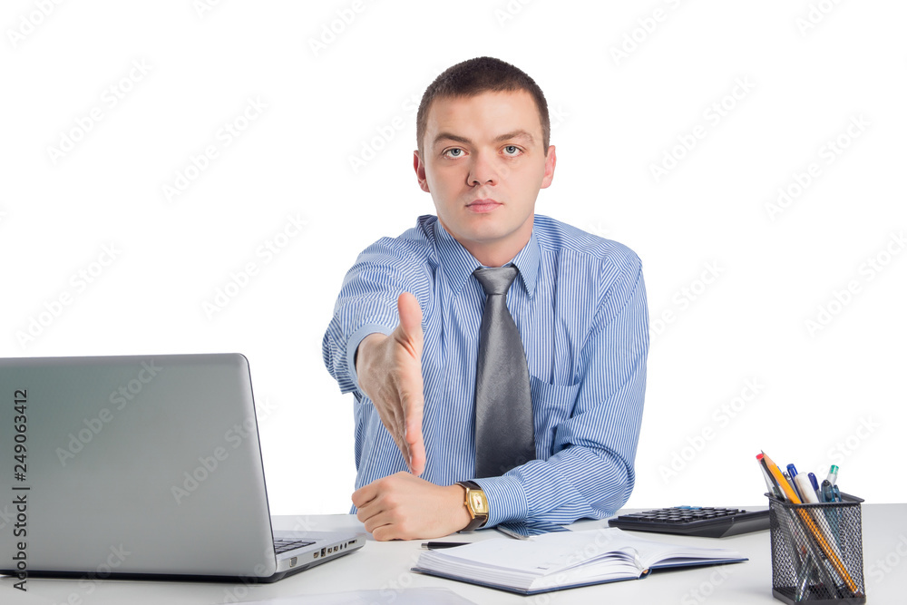 Handsome businessman with open hand ready for handshake Handsome businessman with open hand ready for handshake