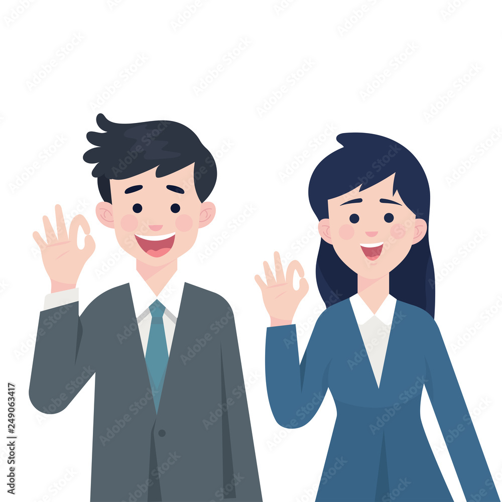 two workers man and woman give sign ok with their hands - Vector