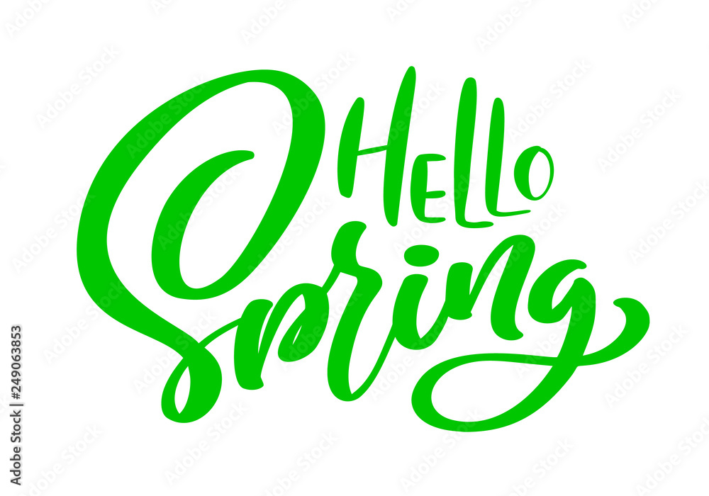 Naklejka premium Green Calligraphy lettering phrase Hello Spring. Vector Hand Drawn Isolated text. sketch doodle design for greeting card, scrapbook, print