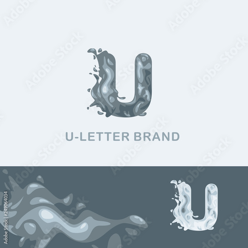 U letter is an aqua logo. Liquid volumetric letter with droplets and sprays for the corporate style of the company or brand on the letter U. Juicy, watery style.