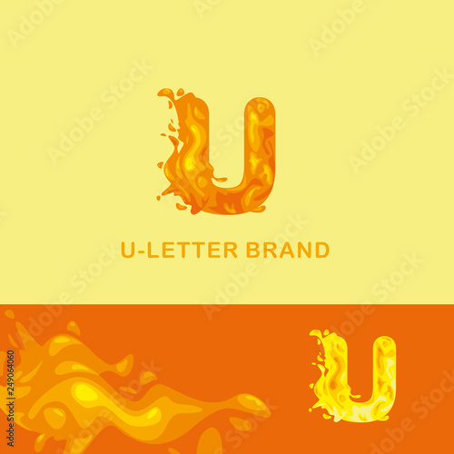 U letter is an aqua logo. Liquid volumetric letter with droplets and sprays for the corporate style of the company or brand on the letter U. Juicy  watery style.