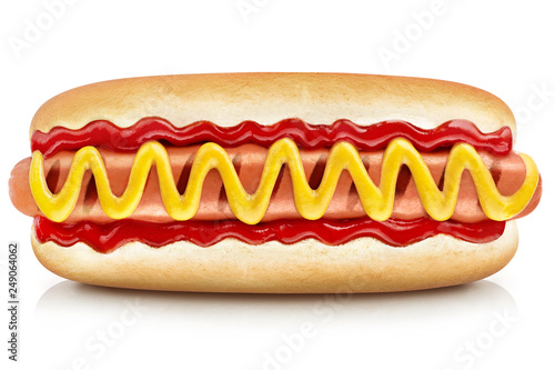 Delicious hot dog with ketchup and mustard, isolated on white background