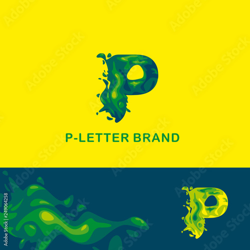 P letter is an aqua logo. Liquid volumetric letter with droplets and sprays for the corporate style of the company or brand on the letter P Juicy, watery style.