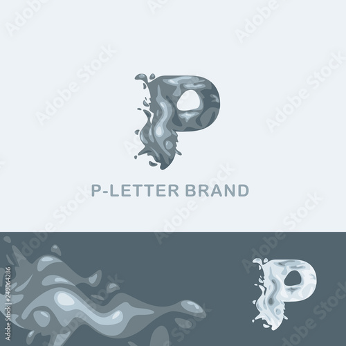 P letter is an aqua logo. Liquid volumetric letter with droplets and sprays for the corporate style of the company or brand on the letter P Juicy, watery style.