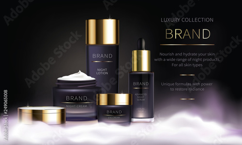 Night cosmetic series for face skin care, realistic vector. Purple jar of face cream and eyes with open lid and liquid revitalizing serum. Cosmetics standing on white fluffy cloud on dark background