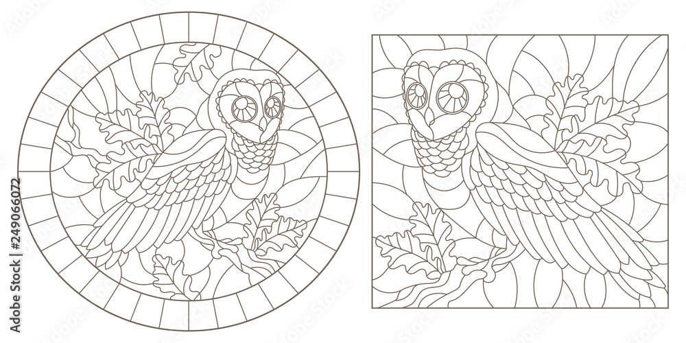 Set of contour illustrations with owls, dark contours on white background, oval  and rectangular image in the frame