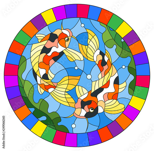 Illustration in stained glass style with a pair of carps on the background of water and algae,oval picture in a bright frame