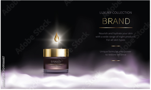 Night cosmetic product for face skin care, realistic vector. Purple jar of face cream and liquid golden drop of revitalizing serum. Cosmetics standing on white fluffy cloud or mist on dark background