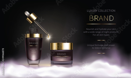 Night cosmetic series for face skin care, realistic vector. Purple jar of face cream and liquid revitalizing serum with dripping pipette. Cosmetics standing on white fluffy cloud on dark background
