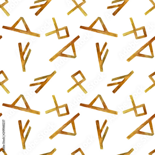Watercolor ancient runes seamless pattern, hand drawn on a white background