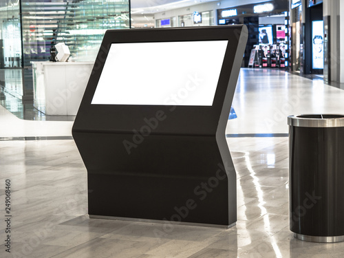 Digital media blank black and white screen modern panel, signboard for advertisement design in a shopping center, gallery. Mockup, mock-up, mock up with blurred background, digital kiosk.