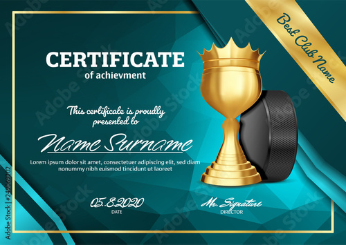 Ice Hockey Certificate Diploma With Golden Cup Vector. Sport Graduation. Elegant Document. Luxury Paper. A4 Horizontal. Championship Illustration