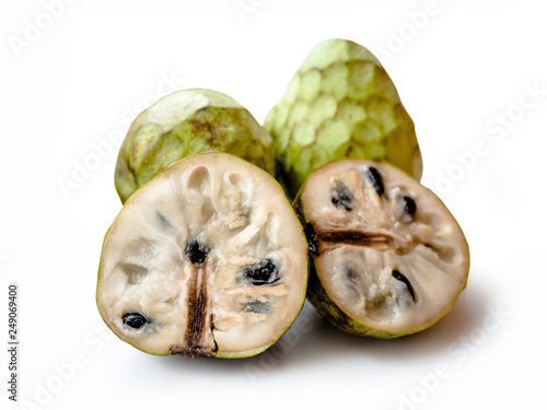 Exotic green fruit cherimoya (Annona cherimola) isolated on a white background.