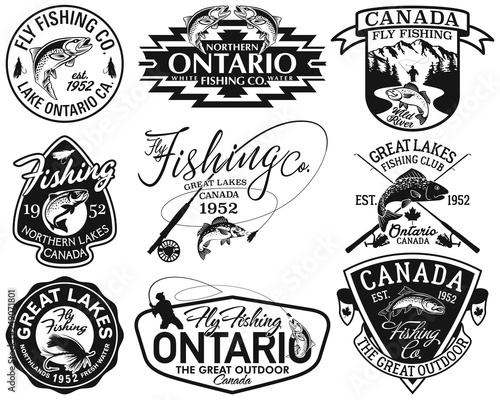 Tablou canvas Great lake Canada fly fishing club vintage vector labels collection in black and